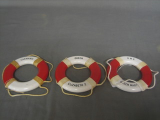 3 plastic souvenir life rings RMS Queen Mary, Queen Elizabeth II and Carmania