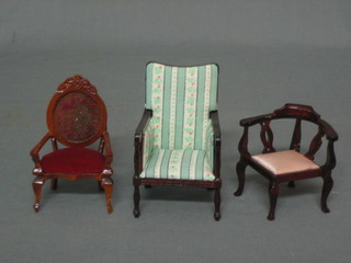 A dolls house mahogany framed open arm chair and a mahogany framed corner chair