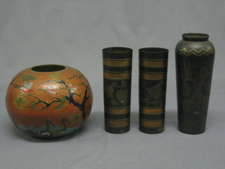 A 20th Century Eastern globular shaped metal vase, 2 do. cylindrical vases 8" and 1 other 10"