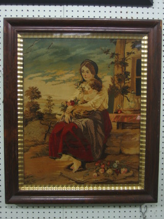 A Victorian chenille style wall panel decorated a seated mother and child 19" x 15" contained in a rosewood finished frame
