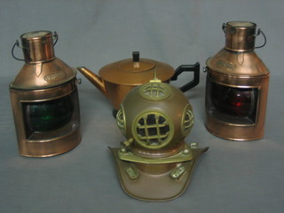A reproduction miniature copper and brass diver's helmet 5", together with a reproduction copper port and starboard lamp and an early copper kettle