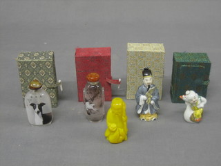 2 reproduction bronze glass scent bottles decorated dogs, a yellow "glass" figure of a standing sage 3" and 2 other Oriental figures