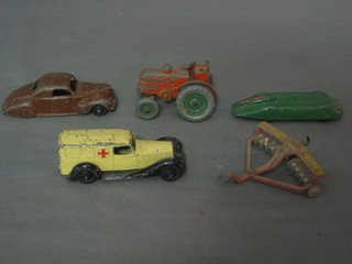 A Dinky model Lincoln Zepher, a do. MG Record car, do. ambulance, tractor and  1 other
