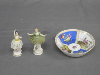 A circular Dresden bowl with panel decoration, decorated figures 6.5" together with 2 Continental porcelain figurines 4"
