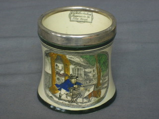 An Adams Dickensware cylindrical vase of waisted form decorated an interior scene and with silver rim 3 1/2" (cracked)