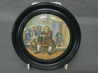 A 19th Century Prattware pot lid decorated two seated gentleman in an 18th Century country house 4", contained in a socle frame