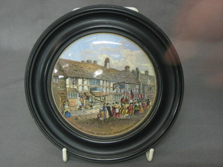 A 19th Century Prattware pot lid decorated Shakespeare's House Henley St. Stratford Upon Avon 4", contained in a socle frame