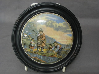 A 19th Century Prattware pot lid decorated a shrimping scene 4", contained in a socle frame