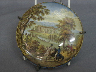 A 19th Century Prattware pot lid - Strathfieldsaye, the Seat of the Duke of Wellington 4",  contained in a metal frame