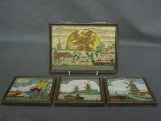 A Delf Pottery Art Deco tile to commemorate The Invasion marked 5Mei Nederland Zal Herruzen 1945 5 1/2" x 8" together with 3 other tiles decorated tulips and windmills 4" (1 chipped)