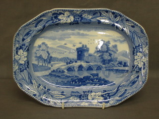 A 19th Century blue and white lozenge shaped plate decorated a Castle and village, the reverse marked Bridge of Lucano Italy 10 1/2"