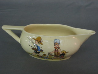 A Clarice Cliff sauce boat decorated nursery figures, the base marked Clarice Cliff (star crack to interior) 7"