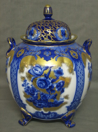 A 20th Century Roselle blue patterned twin handled porcelain jar and cover 12"