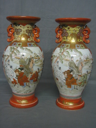 A pair of Japanese Kutana style twin handled club shaped vases decorated court figures, 1 with 6 character mark to the base 14"