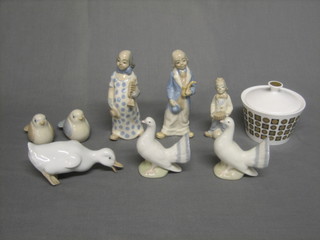 A Royal Tuscan cylindrical jar and cover 3" together with 3 Lladro style figures of geese, 2 figures of birds and 2 figures of cows