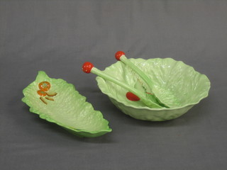 A Carltonware circular leaf shaped bowl 9", a leaf shaped dish 11" and a pair of leaf shaped salad servers