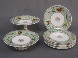 A Victorian 9 piece dessert service comprising 3 tazzas 9 1/2" (1 f) and 6 plates 9" (4 chipped) with green and gilt banding and decorated butterflies