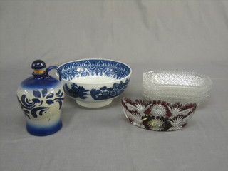 A 19th Century blue and white pedestal bowl 9" (chip to rim), 4 19th Century cut glass lozenge shaped dishes 11"  and a small collection of various glassware