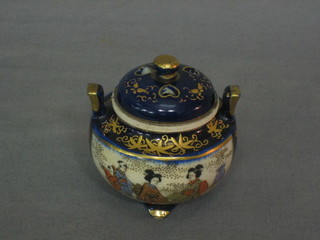 A late Satsuma twin handled jar and cover with panel decoration  2"