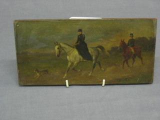 E Volkers, 19th Century oil painting on panel "Noblewoman Riding Side Saddle with Footman and a Terrier"  signed and dated 1897 5" x 10"