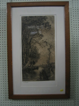 H W Ranger, an etching "River Scene with Figure Walking with Yoke" 20" x 10"