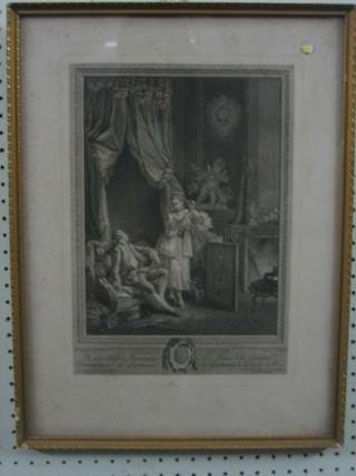 An 18th Century French monochrome print "Interior Scene with Figures" 13" x 9 1/2"