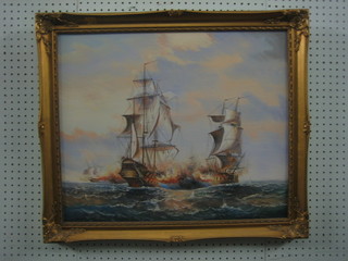 J Harvey, oil on canvas, Naval Engagement "Study of Two Three Masted Ships" 19" x 23"