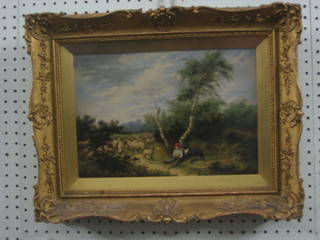 J Mckane, Victorian oil on board "Shepherd Boy in Clearing with Collie and Flock of Sheep" 8" x 12"