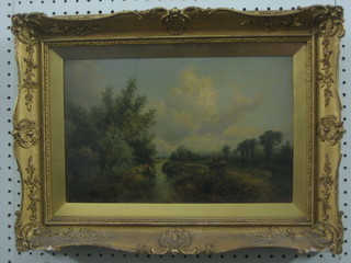Victorian oil painting on board "Figures Reed Gathering" 9" x 13"