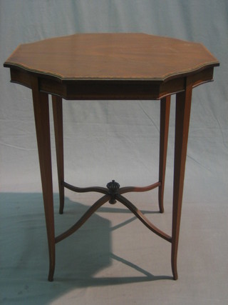 An Edwardian inlaid mahogany show frame occasional table raised on square tapering supports with X framed stretcher 24"