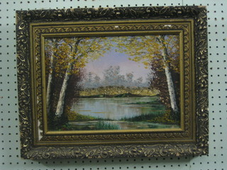 Dart, impressionist oil painting on board "Wooded Lake" 9" x 13"
