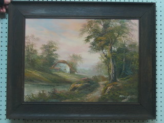 R Dunford, oil on board"House By a Stream" 13"x18" contained in an oak frame