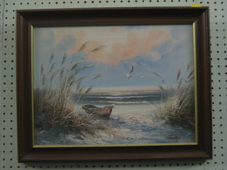 20th Century oil painting on canvas "Beach Scape with Fishing Boat and Seagull" 11" x 15"