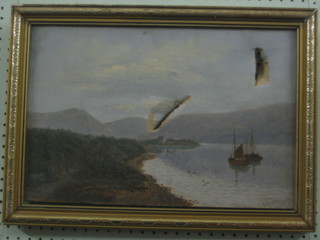 An oil painting on canvas "Study of Fishing Boats in Loch" 11" x 17" indistinctly signed (holes)