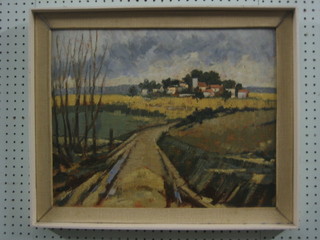 20th Century French impressionist oil painting on canvas "Rural Scene with Lane and Village in Distance" 16" x 19"