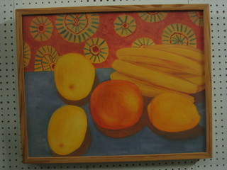 Jennifer Brown, 20th Century oil on canvas, still life study "Bananas and Oranges" 15" x 19"