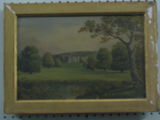 H Blunt, 19th Century oil on board "Country House in Park Land" 8" x 11 1/2"