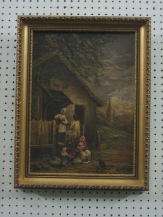 G Beetelem? 19th Century oil on canvas "Rural Scene with Figures by a Cottage, Church in Distance" 14" x 10"