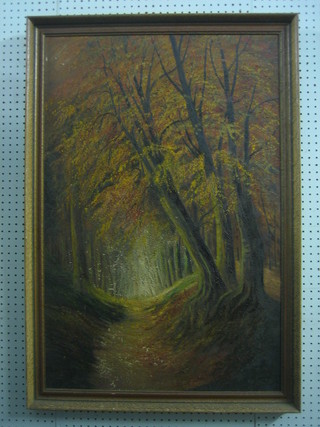 W Ulrich, painted whilst a POW, impressionist oil on material,   "Woodland Scene with Track" 36" x 23" 