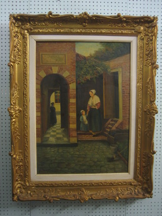 Carfoe, 19th Century Dutch School, oil on canvas "Figures in Courtyard" 27" x 18"