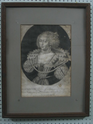 An 18th Century print "Elizabeth" 12" x 9" contained in an oak frame