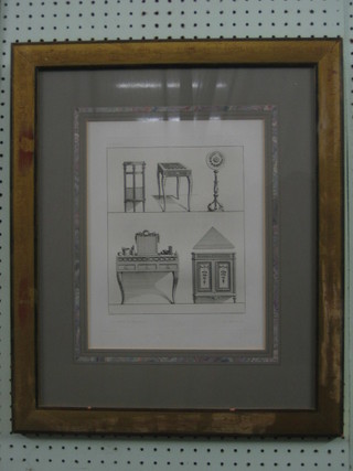 A set of 5 19th/20th Century French coloured prints "Antique Furniture" 12" x 10" and 10" x 16" 