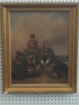 20th Century oil painting on board "Study of an 18th Century Prisoner with Military Escort" 15" x 12"
