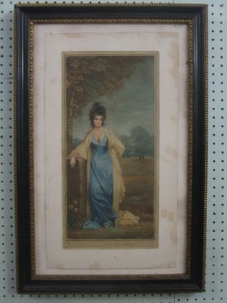 A coloured print of an 18th Century standing noblewoman in park land 15" x 7 1/2"