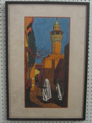 A 1930's watercolour "Figure Walking Towards a Mosque" 17" x 8" signed and inscribed in the margin