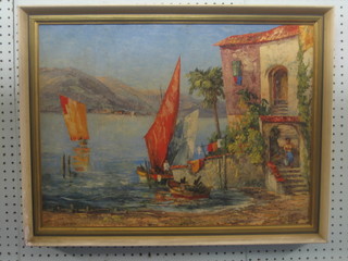 Oil painting on canvas "Mediterranean Scene with Figures and Boats" indistinctly signed 17" x 24"
