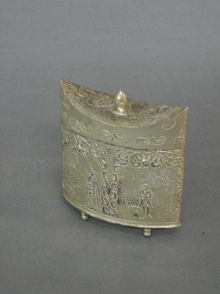 A Dutch boat shaped silver trinket box with embossed decoration and hinged lid, the base marked 930 and import marks for 1892, 2 ozs