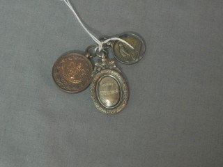 A silver watch chain medallion, a silver bowling watch chain medallion and a bronze do.