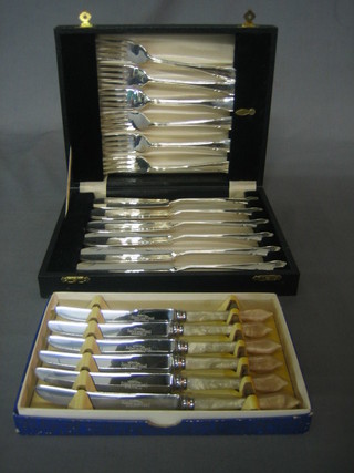 2 sets of 6 silver plated fish knives and forks cased