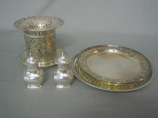 2 circular silver plated salvers 9",  a pierced pedestal bowl and a other plated items 